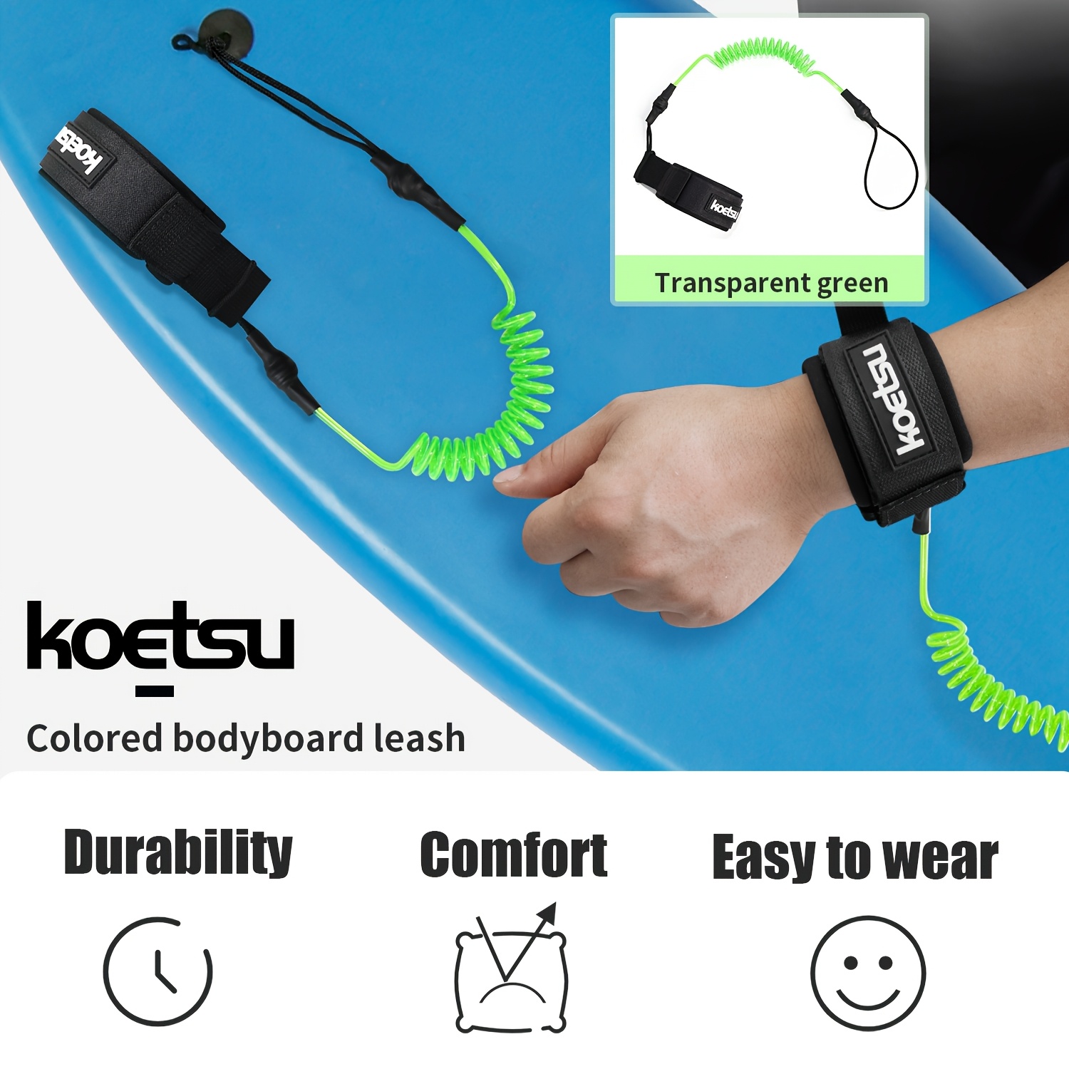 Surfboard Leash - KOETSU ボディボードリーシュ、5mm TPU コイル状サーフィンリストリーシュ、フックアンドループリストストラップとクイックリリースプルタブ付き