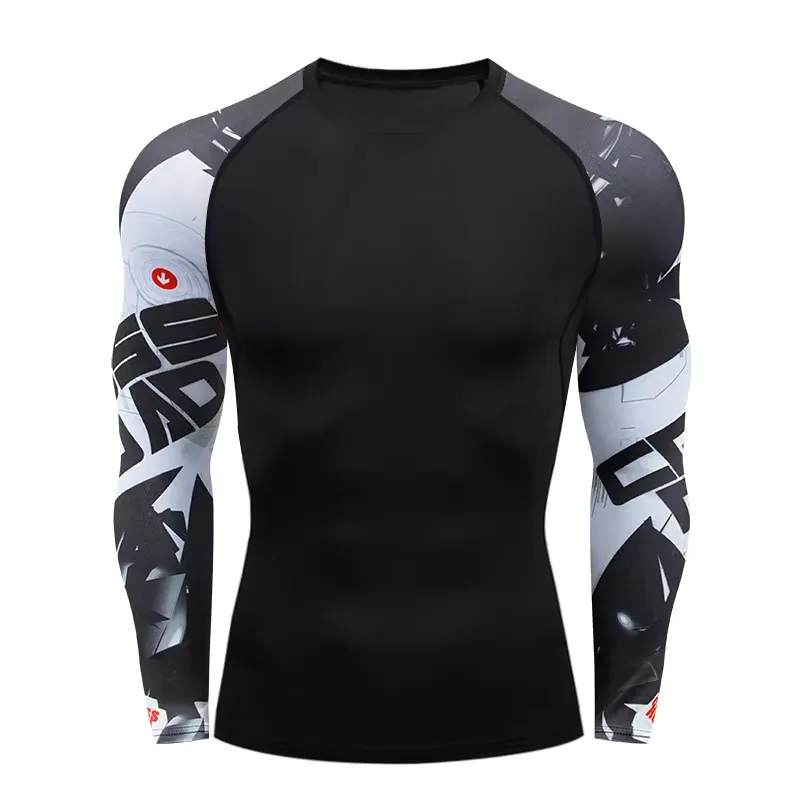 Rash Guard - 3D長袖MMAラッシュガード メンズ 2026 BJJ柔術用 コンプレッションシャツ ムエタイ用