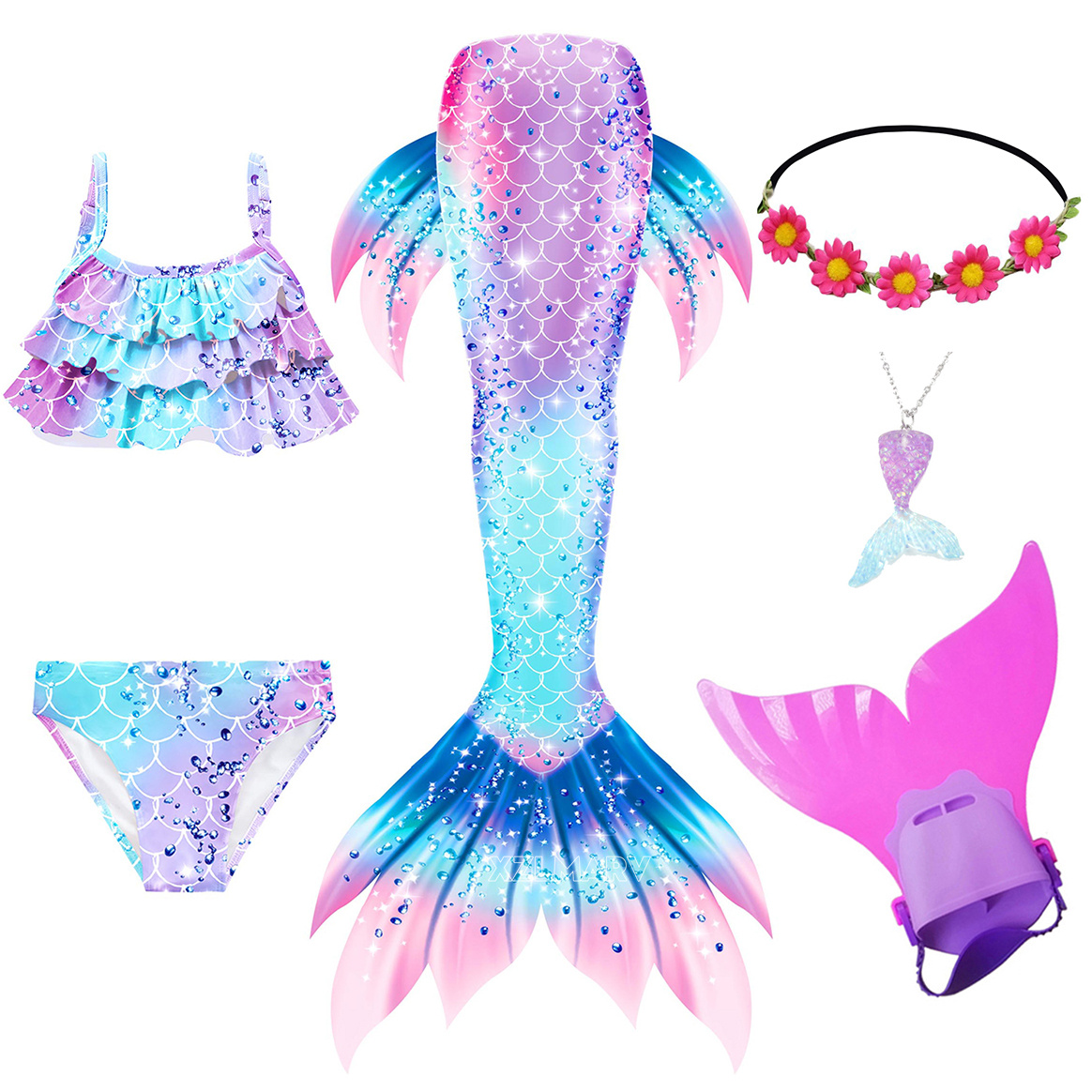 6 ピース/セットアリエル女の子水泳マーメイドテールモノフィ - Flippers Swimming のレビューと価格